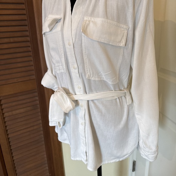 Stradivarius White Linen Blend Roll Tab Sleeve Utility Belted Shirt Size Medium - Picture 2 of 9